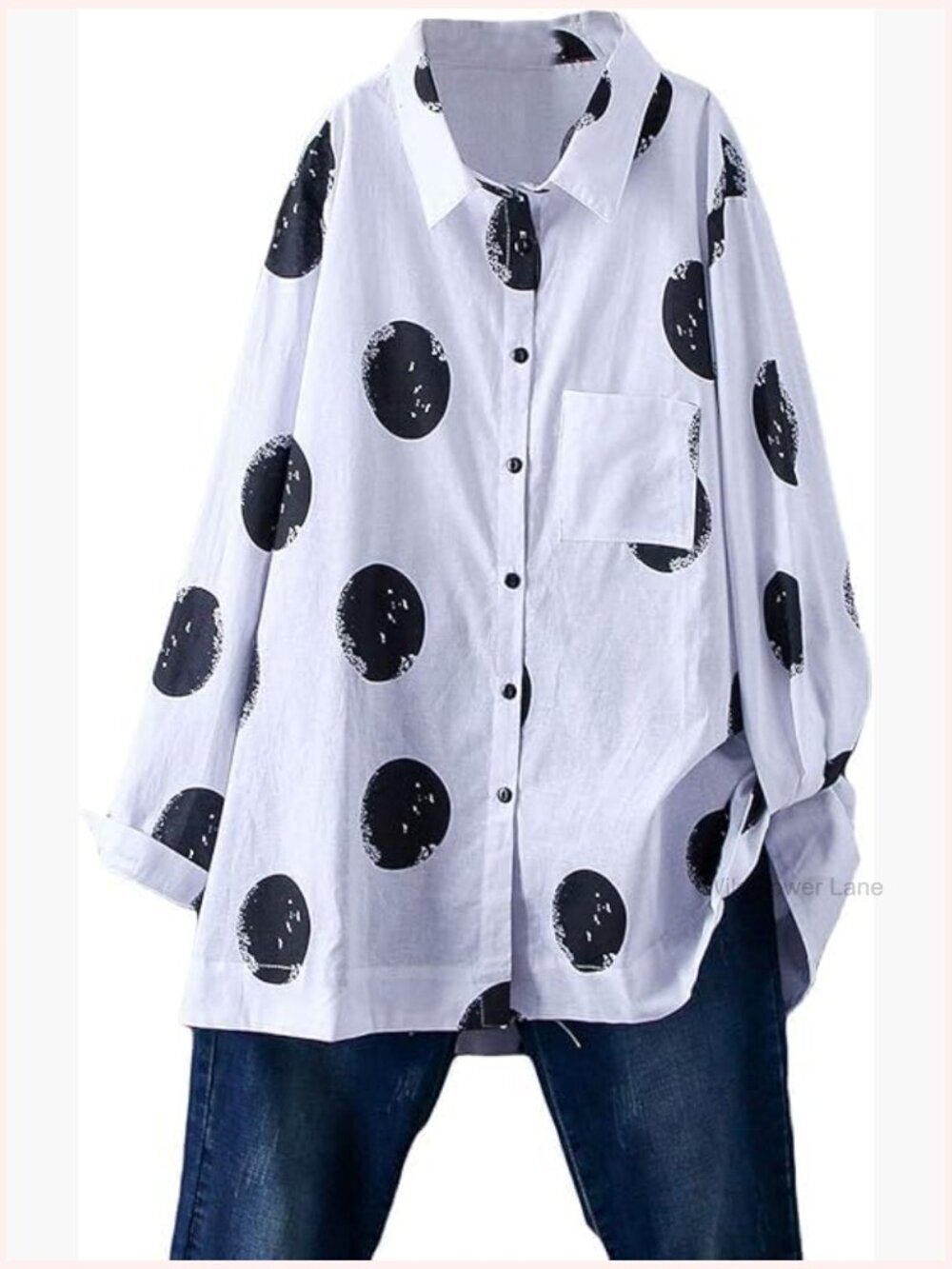 Women's Polka Dot Button Down Tunic Blouse Long Sleeve Cotton Shirt